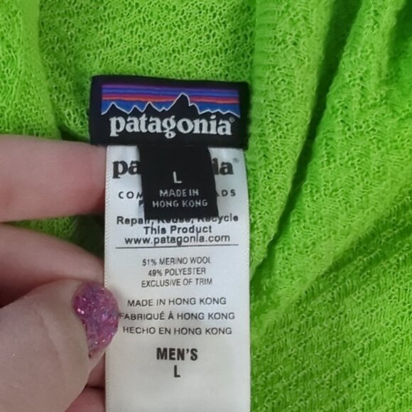 Patagonia Mens Capilene Air Hoodie Base Layer Neon Green Knit Merino Wool Large - Picture 4 of 10